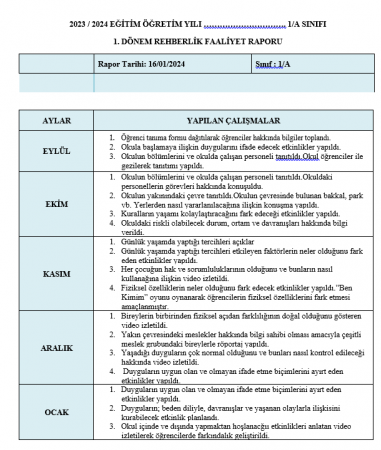 1. Sınıf Rehberlik 1. Dönem Sonu Faaliyet Raporu