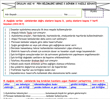 4. Sınıf Fen Bilimleri 2. Dönem 2. Yazılı Soruları